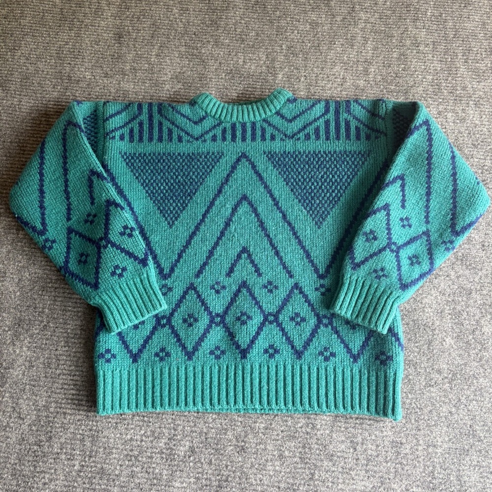 Kreeger Vintage Kids Wool Sweater Teal Blue Geometric Knit Crew Neck Made in HK